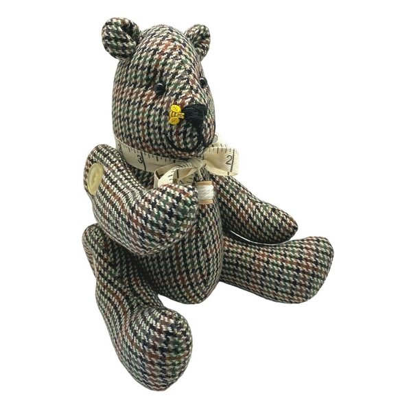 Vintage Houndstooth Sewing Teddy Bear Stuffed Animal with Honey Bee Nose Jointed - Picture 10 of 11
